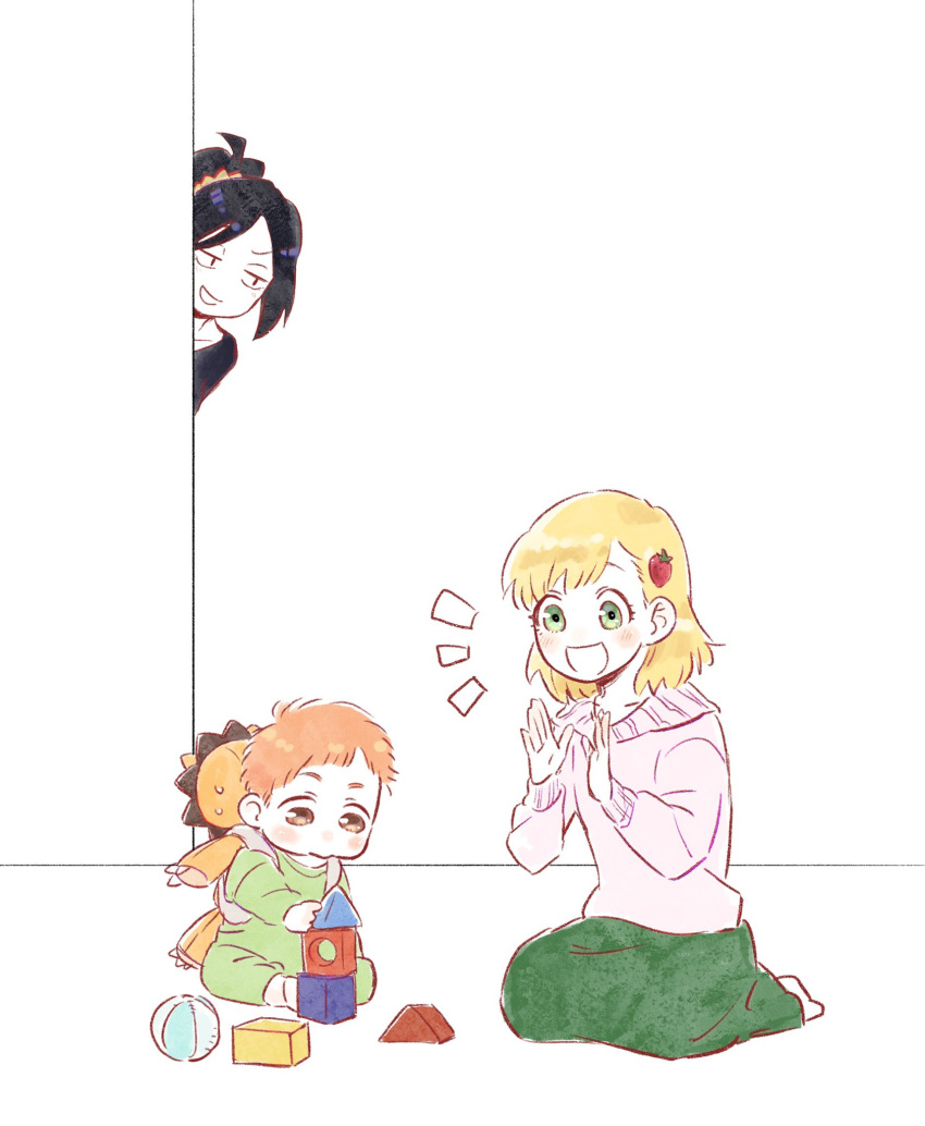 1boy, 2girls, aged_down, aged_up, aunt_and_nephew, baby, ball, black_hair