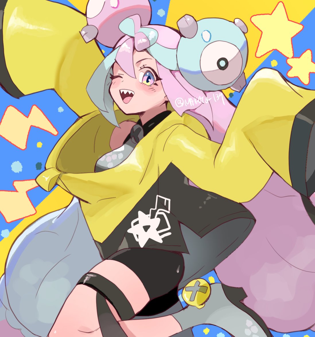 1girl, bow-shaped_hair, character_hair_ornament, grey_pantyhose, hair_ornament, hexagon_print, iono_(pokemon), jacket, long_hair, low-tied_long_hair, makoto_139, multicolored_hair, oversized_clothes, pantyhose, pokemon, pokemon_(game), pokemon_sv, sharp_teeth, single_leg_pantyhose, sleeves_past_fingers, sleeves_past_wrists, solo, split-color_hair, teeth, twintails, very_long_sleeves, x, yellow_jacket