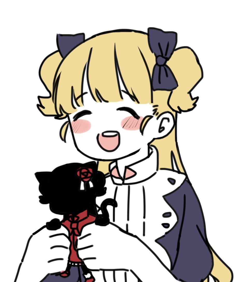 2girls, animal_ears, blonde_hair, blue_bow, blue_dress, blush_stickers, bow, cat_ears