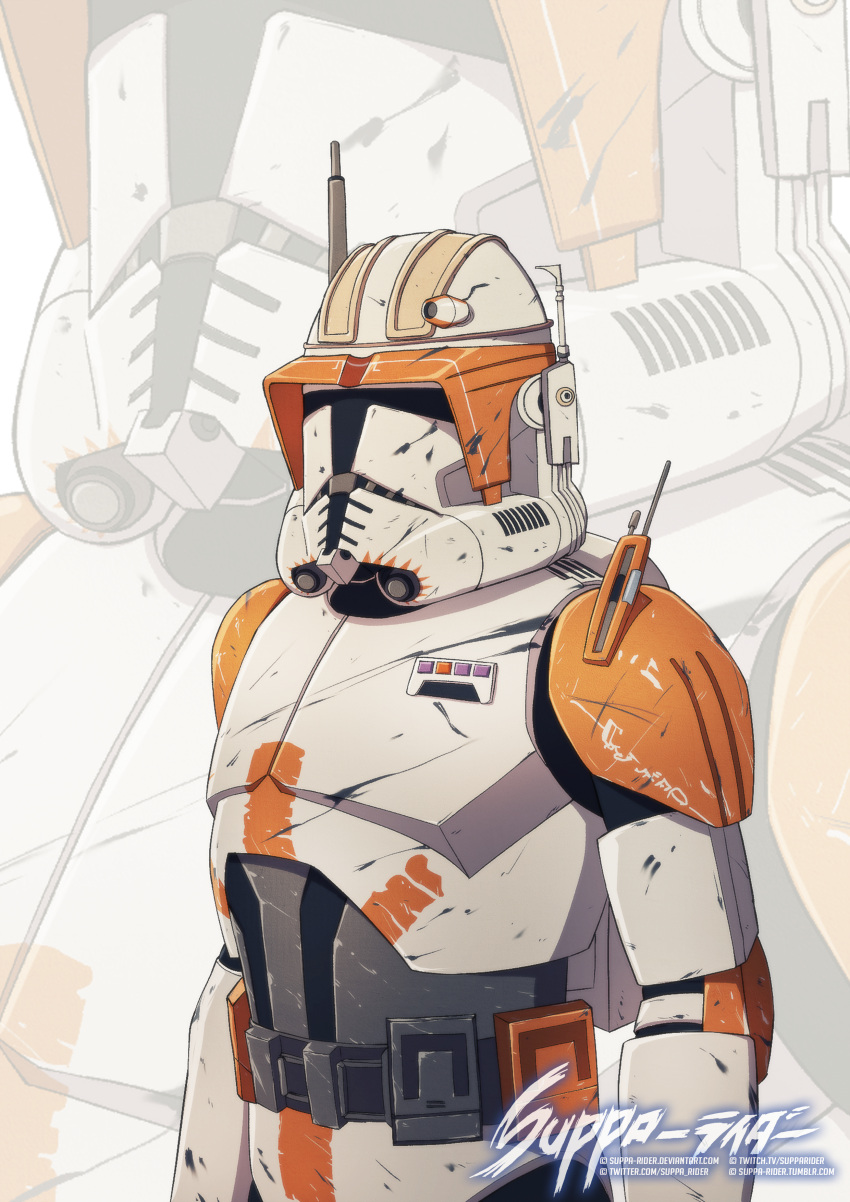 1boy, absurdres, animification, artist_name, assault_visor, belt, clone_trooper, commander_cody, commentary, commission, english_commentary, grey_belt, highres, radio_antenna, solo, star_wars, star_wars:_revenge_of_the_sith, suppa-rider, upper_body, watermark, web_address, white_armor, zoom_layer