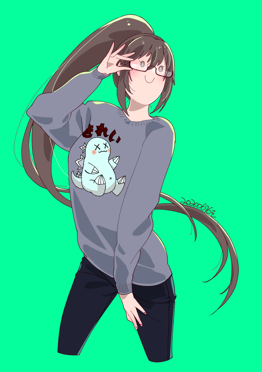 1girl, breasts, brown_hair, closed_mouth, dated, glasses, green_background, highres