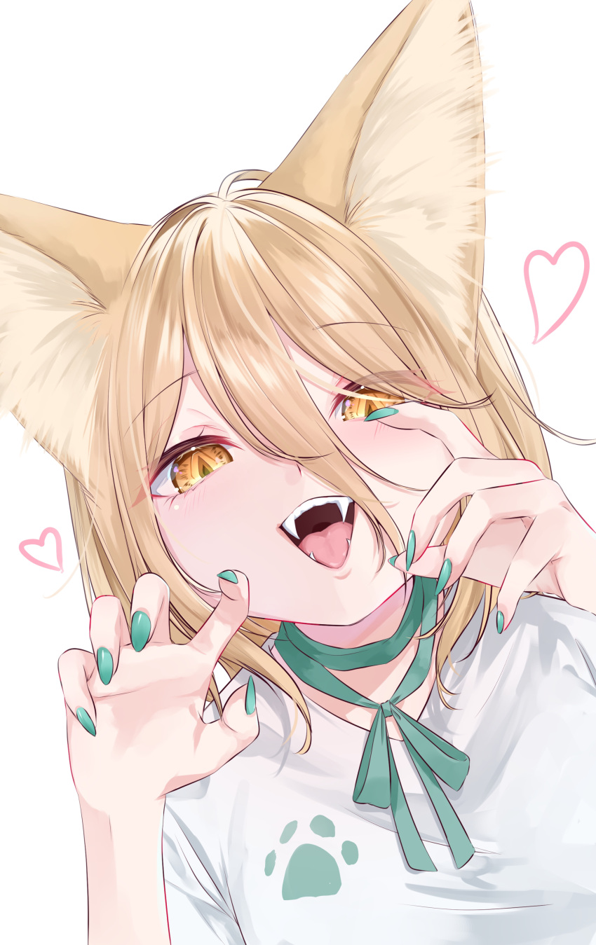 1girl, absurdres, animal_ear_fluff, animal_ears, aqua_nails, blonde_hair, eyes_visible_through_hair, fangs