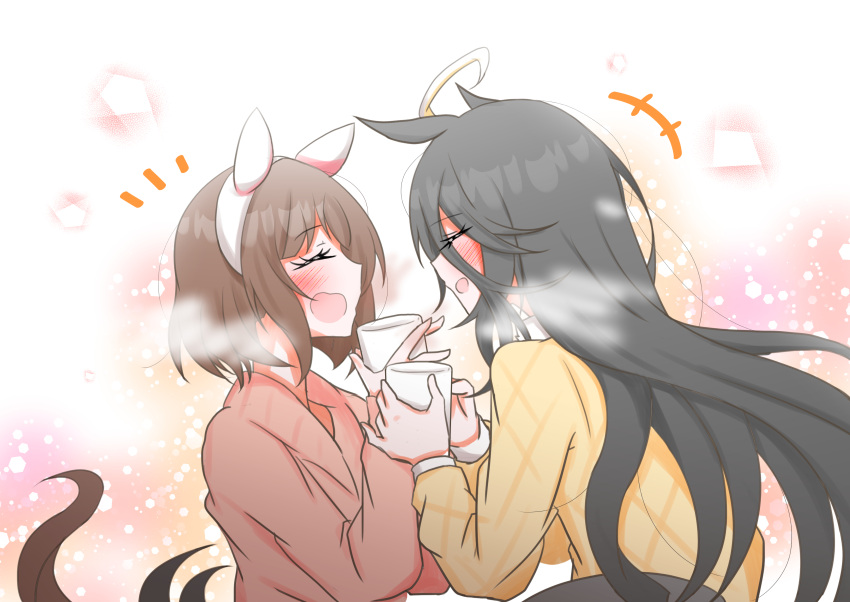+++, 2girls, absurdres, aegis-san, animal_ears, black_hair, blush, brown_hair