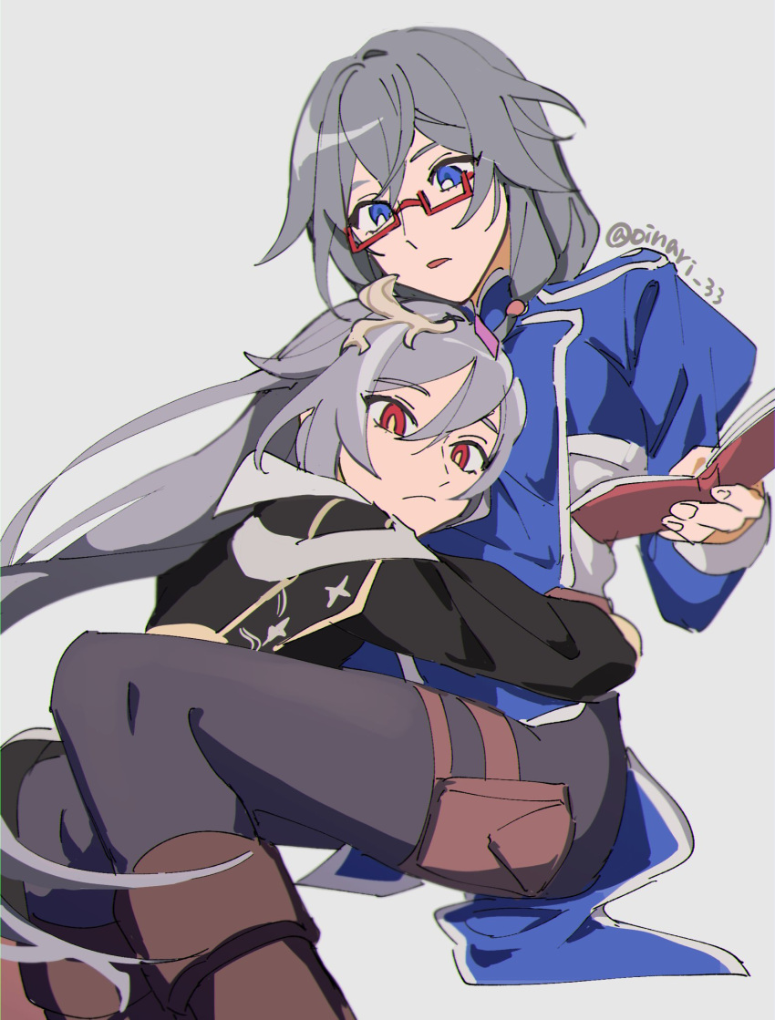 2girls, bangs, black_jacket, black_pantyhose, blue_eyes, blue_jacket, book, boots, brown_footwear, character_request, closed_mouth, feet_out_of_frame, fu_hua, fu_hua_(herrscher_of_sentience), fu_hua_(valkyrie_accipiter), glasses, grey_background, grey_hair, hair_between_eyes, highres, holding, holding_book, honkai_(series), honkai_impact_3rd, jacket, juliet_sleeves, long_hair, long_sleeves, multiple_girls, pantyhose, parted_lips, puffy_sleeves, red-framed_eyewear, red_eyes, selfcest, semi-rimless_eyewear, simple_background, twitter_username, uehara_suiyo, under-rim_eyewear, very_long_hair, yuri