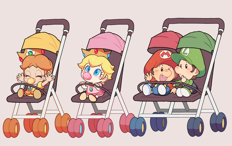 2boys, 2girls, arms_up, baby, baby_daisy, baby_luigi, baby_mario, baby_peach