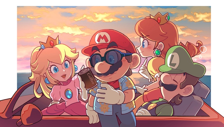 2boys, 2girls, bangs, blonde_hair, blue_eyes, blue_gemstone, blue_pants, blue_shirt, blush, brothers, brown_hair, can, canned_coffee, car, closed_mouth, clouds, cloudy_sky, crown, dress, earrings, elbow_gloves, eyelashes, facial_hair, flower_earrings, gem, gloves, green_headwear, green_shirt, ground_vehicle, hair_between_eyes, hand_up, hat, high_ponytail, holding, holding_can, hoshikuzu_pan, jewelry, long_sleeves, looking_at_another, luigi, mario, motor_vehicle, multiple_boys, multiple_girls, mustache, open_mouth, orange_dress, overalls, pants, pink_dress, ponytail, princess_daisy, princess_peach, print_shirt, profile, red_headwear, red_shirt, shine_sprite, shirt, short_hair, short_sleeves, siblings, sidelocks, sitting, sky, sleeping, smile, sphere_earrings, standing, sunglasses, sunset, super_mario_bros., super_mario_sunshine, white_gloves