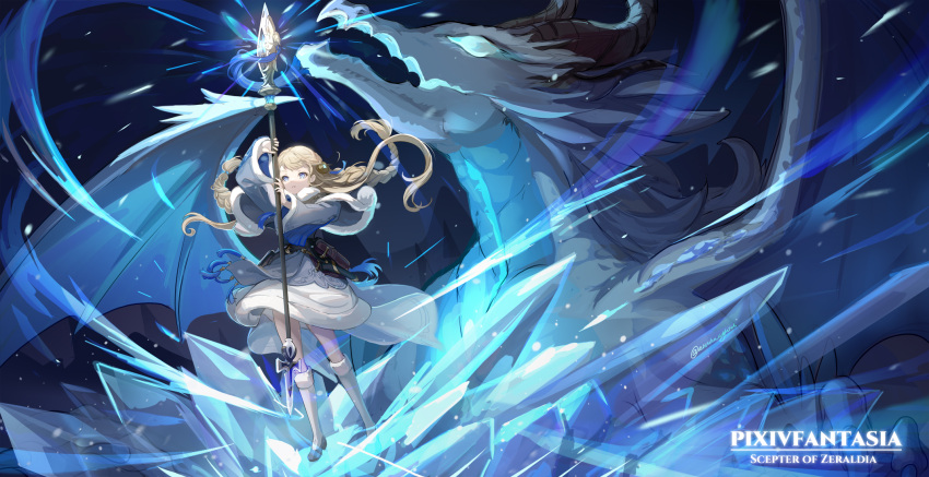 1girl, asukayou, blizzard, blonde_hair, blue_eyes, blue_fire, capelet, casting_spell