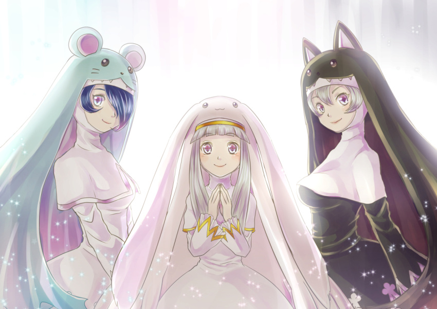 +_+, 3girls, animal_hood, bangs, black_robe, blue_hair, blunt_bangs, breasts