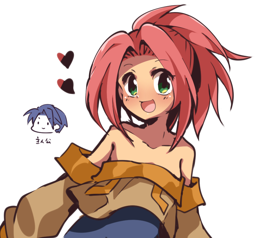 1girl, bare_shoulders, collarbone, detached_sleeves, green_eyes, heart, high_ponytail, land-k