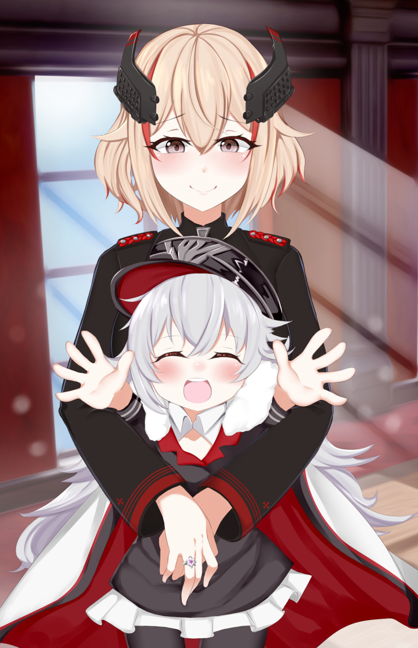 2girls, akaki_tsubasa, azur_lane, blonde_hair, blush, brown_eyes, closed_eyes, dress