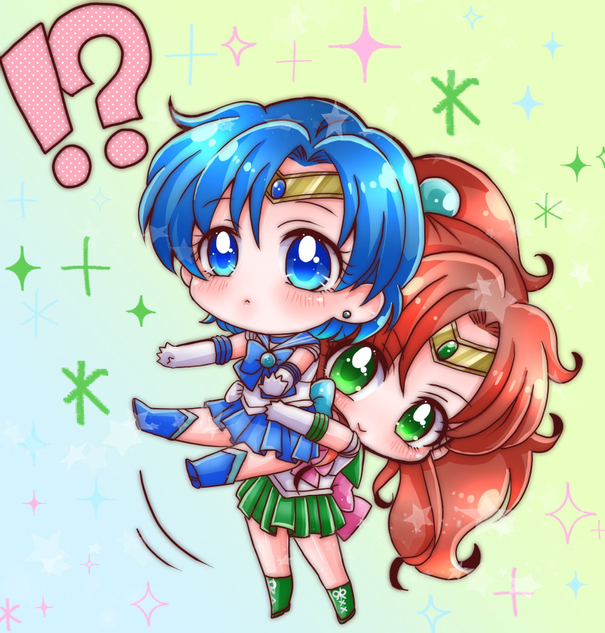 !?, 2girls, :>, :<, back_bow, bangs, bishoujo_senshi_sailor_moon, blue_bow, blue_bowtie, blue_choker, blue_eyes, blue_footwear, blue_gemstone, blue_hair, blue_sailor_collar, blue_skirt, bow, bowtie, brooch, brown_hair, chibi, choker, circlet, earrings, elbow_gloves, flower_earrings, gem, gloves, green_eyes, green_footwear, green_gemstone, green_sailor_collar, green_skirt, hair_bobbles, hair_ornament, highres, jewelry, kino_makoto, medium_hair, miniskirt, mizuno_ami, multiple_girls, pink_bow, pink_bowtie, pleated_skirt, ponytail, sailor_collar, sailor_jupiter, sailor_mercury, shirt, short_hair, short_sleeves, sidelocks, skirt, stud_earrings, supernova24_24, swept_bangs, white_gloves, white_shirt