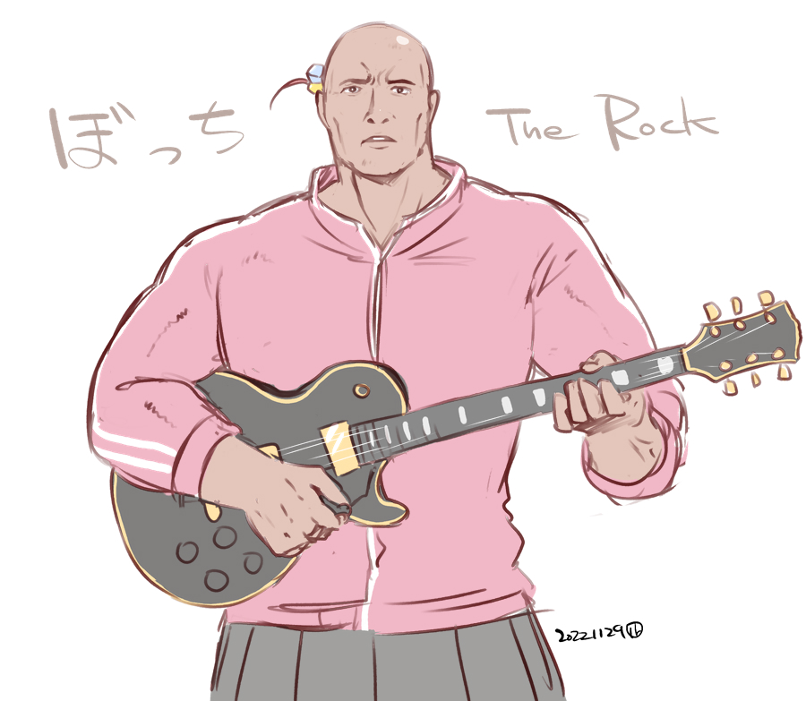 1boy, bald, bocchi_the_rock!, cube_hair_ornament, electric_guitar, fusion, gibson_les_paul, gotou_hitori