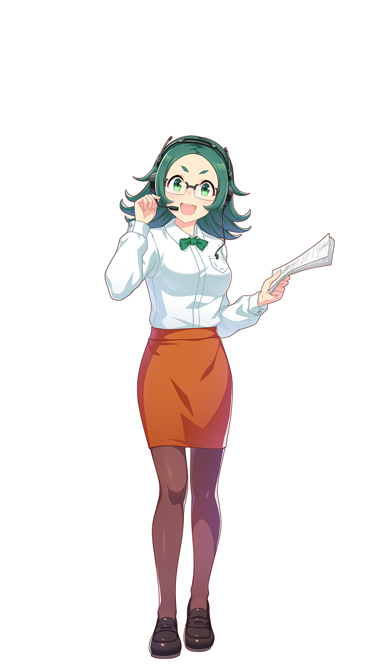 1girl, :d, akasaka_misato, bow, bowtie, brown_footwear, brown_pantyhose, collared_shirt, glasses, green_bow, green_bowtie, green_eyes, green_hair, headset, highres, holding, holding_paper, loafers, long_hair, long_sleeves, looking_at_viewer, official_art, orange_skirt, pantyhose, paper, pleated_skirt, shirt, shoes, skirt, smile, solo, transparent_background, umamusume, white_shirt