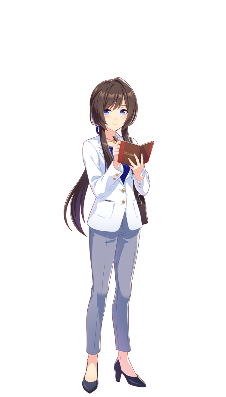 1girl, black_footwear, blue_eyes, blue_shirt, brown_hair, full_body, grey_pants, high_heels