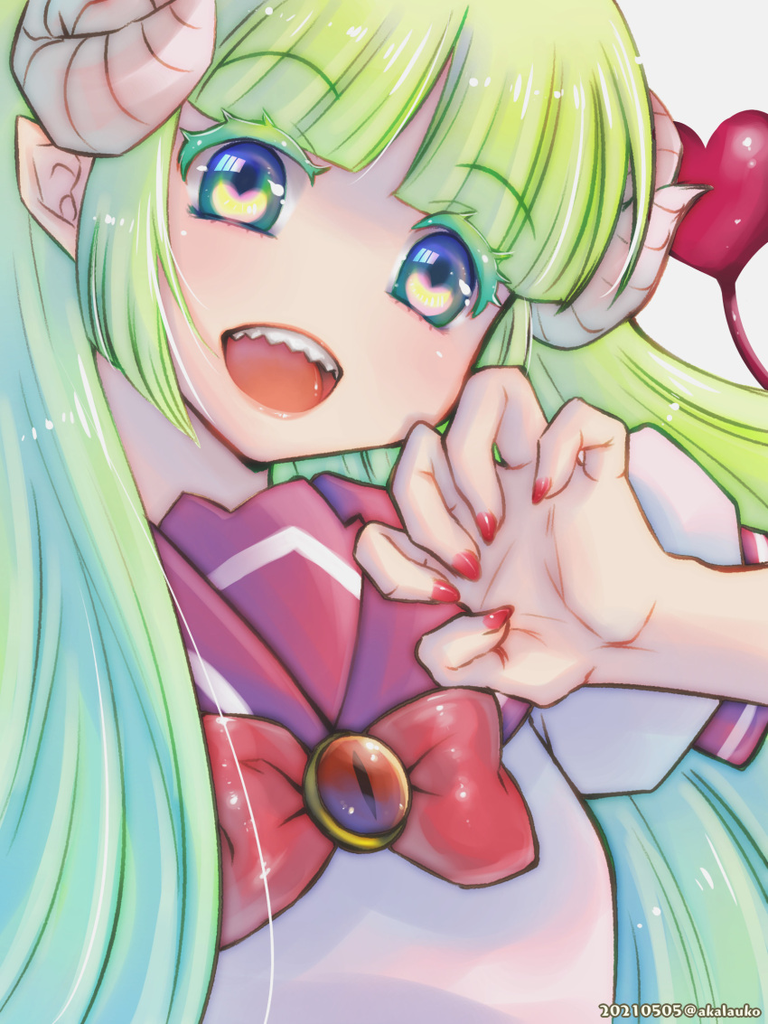 1girl, :d, babyls_school_uniform, bow, bowtie, curled_horns, demon_horns, green_hair
