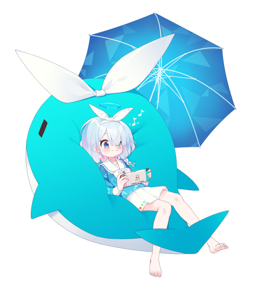 absurdres, ansan_ey, arona_(blue_archive), blue_archive, blue_hair, blue_serafuku, blue_shirt, bow_hairband, braid, choker, colored_inner_hair, hair_over_one_eye, hairband, halo, highres, light_blue_hair, multicolored_hair, sailor_collar, school_uniform, serafuku, shirt, single_braid, skirt, white_choker, white_hairband, white_sailor_collar, white_skirt