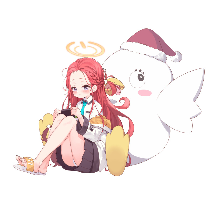 absurdres, ansan_ey, bangs, blue_archive, blue_eyes, braid, collared_shirt, forehead, halo, highres, hood, hooded_jacket, jacket, necktie, one_side_up, parted_bangs, playing_games, redhead, sandals, shirt, white_shirt, yuzu_(blue_archive)