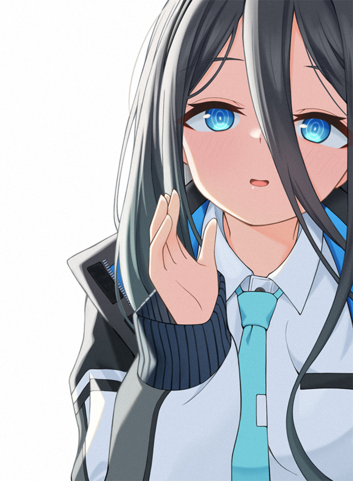 aris_(blue_archive), black_hair, blue_archive, blue_eyes, breast_pocket, bright_pupils, collared_shirt, hair_between_eyes