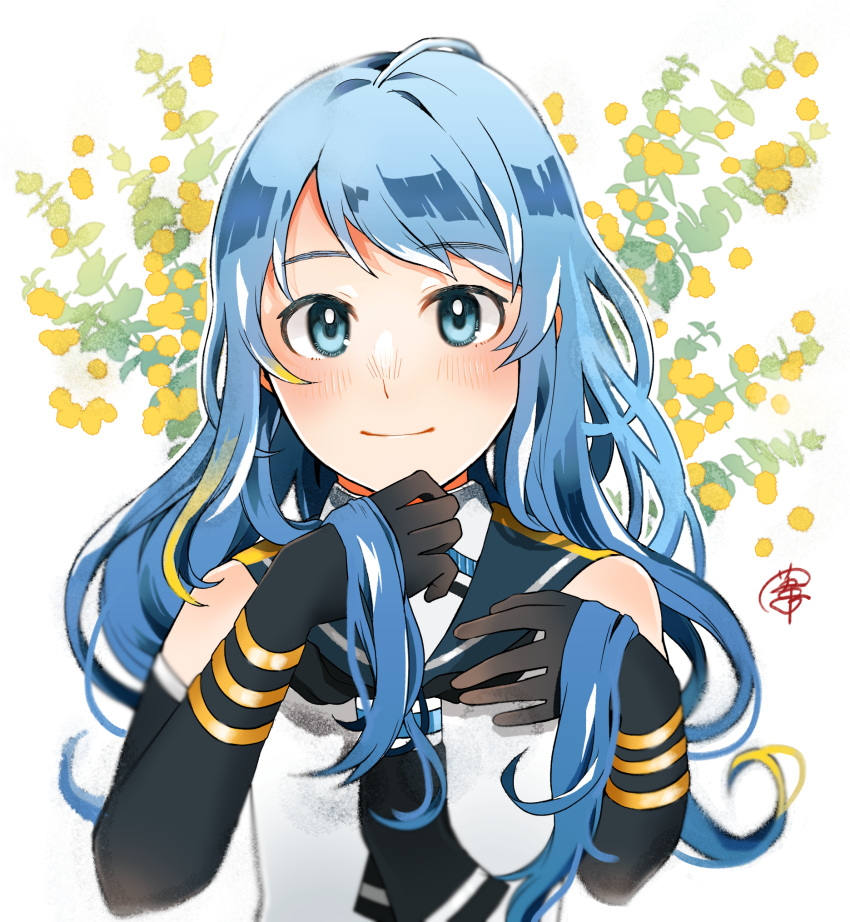 1girl, bangs, black_gloves, black_neckerchief, blue_eyes, blue_hair, blue_sailor_collar, blush
