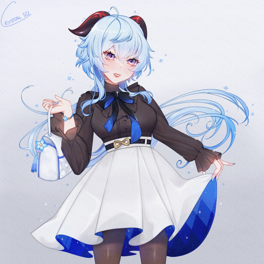 1girl, ahoge, bag, bangs, black_bow, black_pantyhose, black_shirt, blue_flower, blue_hair, blush, bow, breasts, cowboy_shot, crystallev3, flower, frilled_shirt, frilled_sleeves, frills, ganyu_(china_merchants_bank)_(genshin_impact), ganyu_(genshin_impact), genshin_impact, glaze_lily, handbag, high-waist_skirt, highres, long_hair, long_skirt, long_sleeves, looking_at_viewer, medium_breasts, official_alternate_costume, pantyhose, parted_lips, shirt, shirt_tucked_in, sidelocks, skirt, smile, solo, standing, turtleneck, violet_eyes, white_skirt