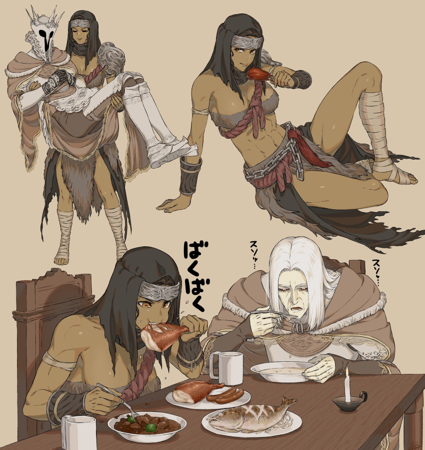1boy, 1girl, abs, arizuka_(catacombe), armlet, armor, bandaged_leg, bandages, barefoot, bracer, breasts, brown_eyes, candle, cape, carrying, chain, chain_belt, closed_eyes, covered_face, crown, cup, dark-skinned_female, dark_skin, eating, elden_ring, food, full_armor, fur_bra, fur_trim, gauntlets, gideon_ofnir, grey_hair, headwear_removed, helmet, helmet_removed, highres, holding, holding_food, holding_spoon, large_breasts, long_hair, looking_at_viewer, meat, mug, muscular, muscular_female, navel, nepheli_loux, open_mouth, princess_carry, revealing_clothes, rope, short_hair, shoulder_armor, smile, soup, spoon, table, vambraces, white_hair