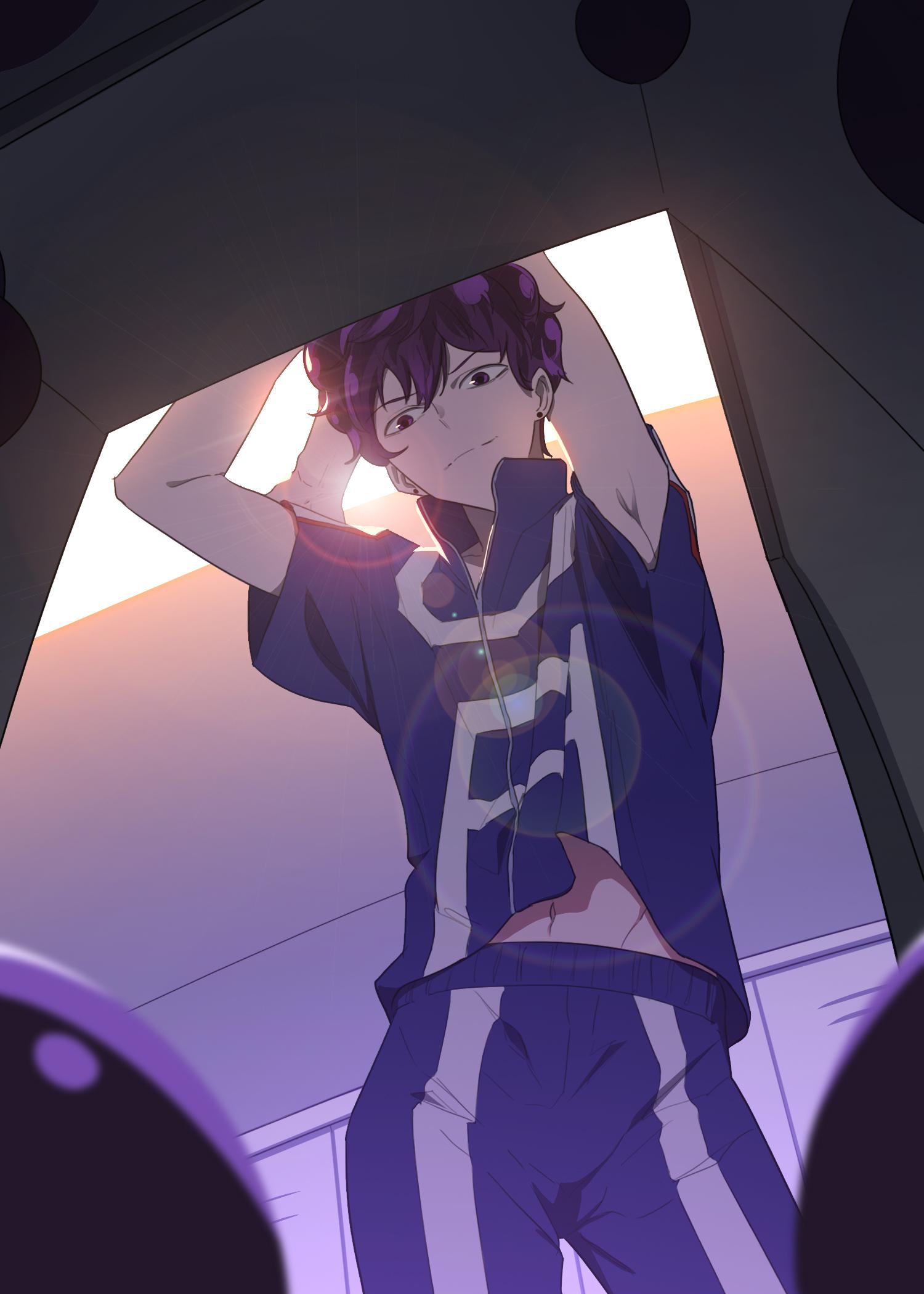 1boy, alternate_body_size, alternate_eye_color, alternate_hairstyle, alternate_height, alternate_universe, arm_pit, arms_behind_back