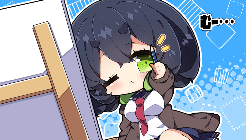 1girl, bangs, black_hair, blue_background, blue_sailor_collar, blue_skirt, blush, breasts