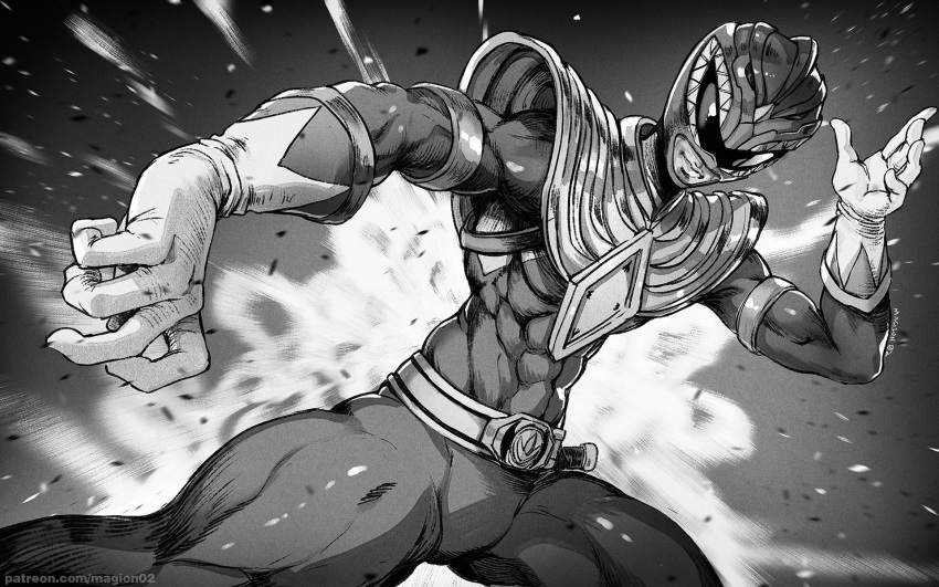 1boy, belt, bodysuit, commentary, commission, english_commentary, explosion, fighting_stance