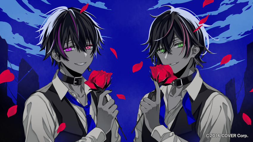 2boys, bangs, belt_collar, black_hair, black_nails, black_vest, blue_background, blue_necktie