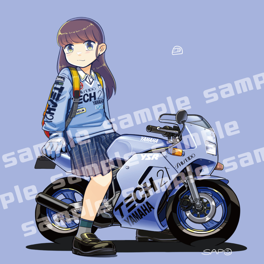 1girl, artist_name, bangs, black_footwear, blue_background, blue_gloves, blue_skirt, blue_sweater