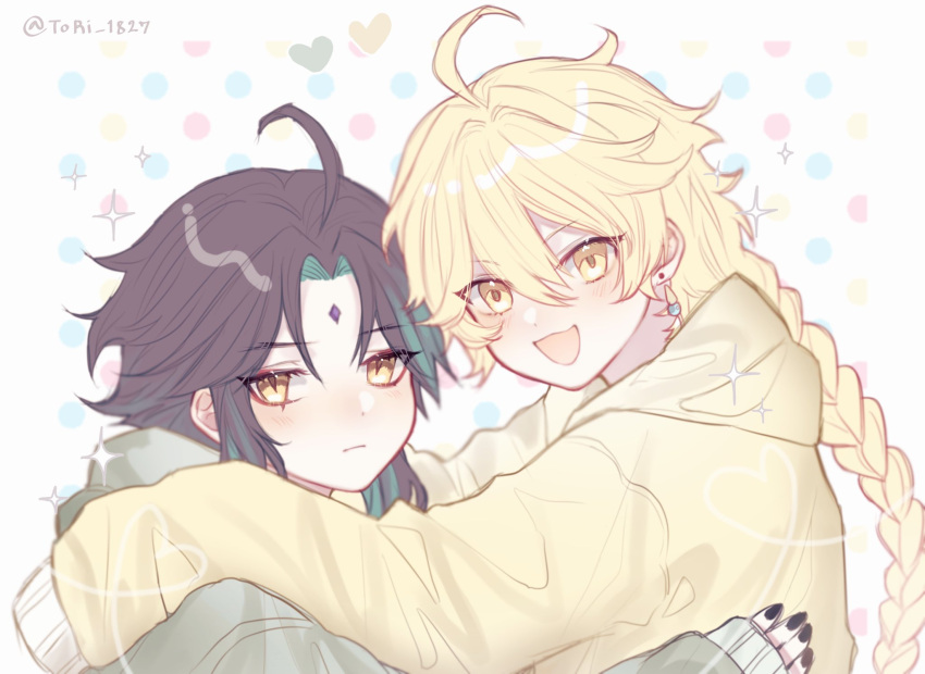 2boys, aether_(genshin_impact), black_hair, blonde_hair, braid, closed_mouth, earrings, genshin_impact