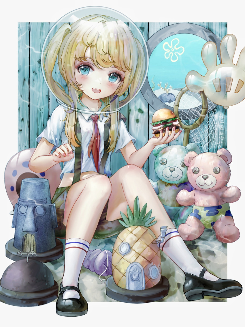 1girl, balloon, bangs, black_footwear, blonde_hair, blue_eyes, blush, border