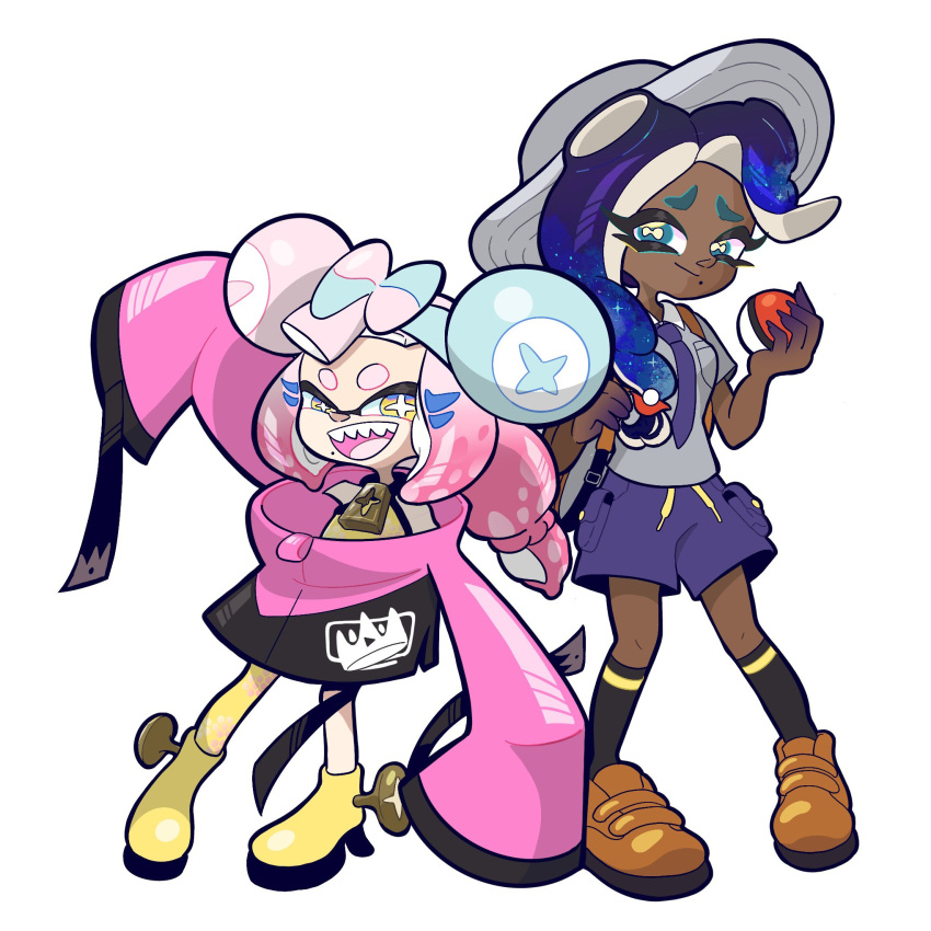 2girls, :d, alternate_hair_length, alternate_hairstyle, asymmetrical_clothes, backpack, bag, black_ribbon