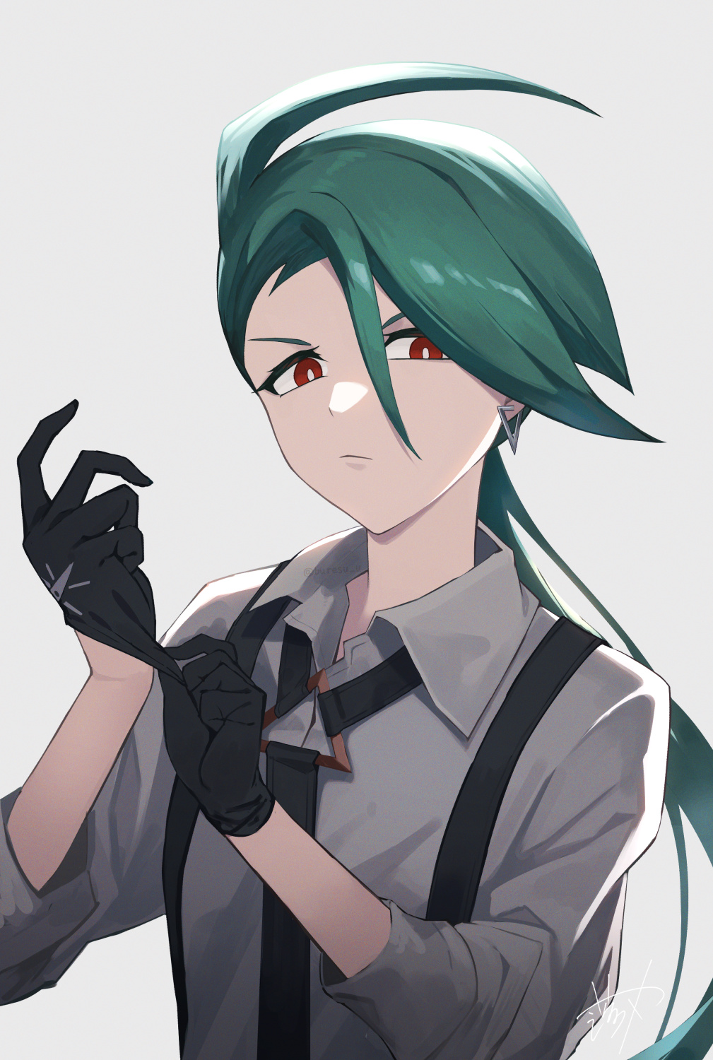 1girl, adjusting_clothes, adjusting_gloves, black_gloves, black_necktie, bright_pupils, closed_mouth, collared_shirt