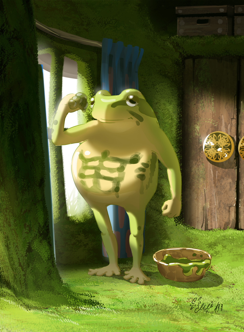 animal, arm_up, bodypaint, clenched_hands, curtains, fantasy, flexing, frog
