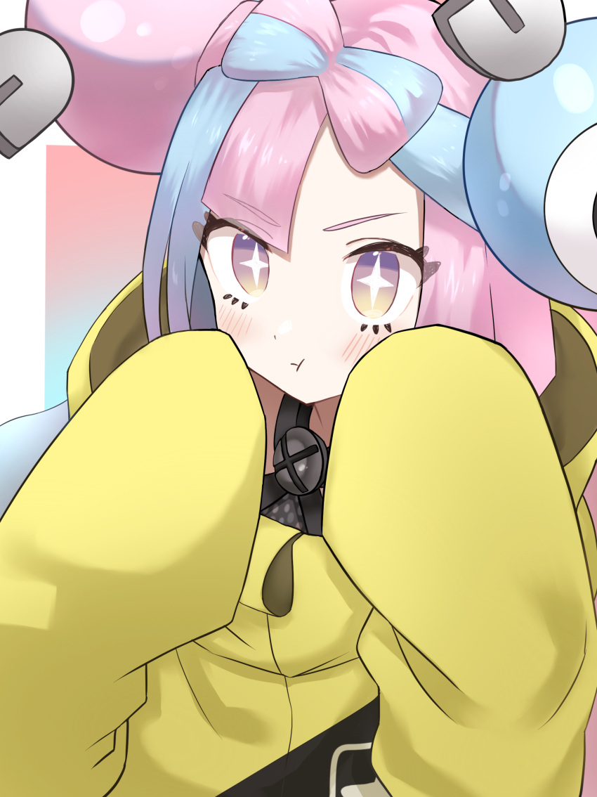 +_+, 1girl, :t, absurdres, aqua_hair, bangs, blush, character_hair_ornament, closed_mouth, commentary_request, eyelashes, hair_ornament, hands_up, highres, ibuki_(fjjjjjt), iono_(pokemon), jacket, multicolored_hair, pink_hair, pokemon, pokemon_(game), pokemon_sv, pout, solo, two-tone_hair, upper_body, yellow_jacket