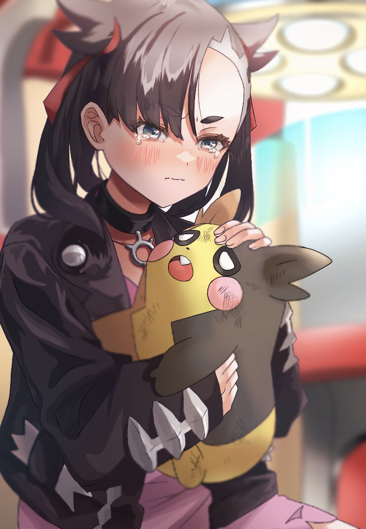 1girl, asymmetrical_bangs, bangs, black_choker, black_hair, black_jacket, blurry, blush, choker, closed_mouth, commentary_request, crying, dress, eyelashes, green_eyes, hair_ribbon, holding, holding_pokemon, ibuki_(fjjjjjt), jacket, marnie_(pokemon), morpeko, morpeko_(full), pink_dress, pokemon, pokemon_(creature), pokemon_(game), pokemon_swsh, red_ribbon, ribbon, sad, tears, twintails