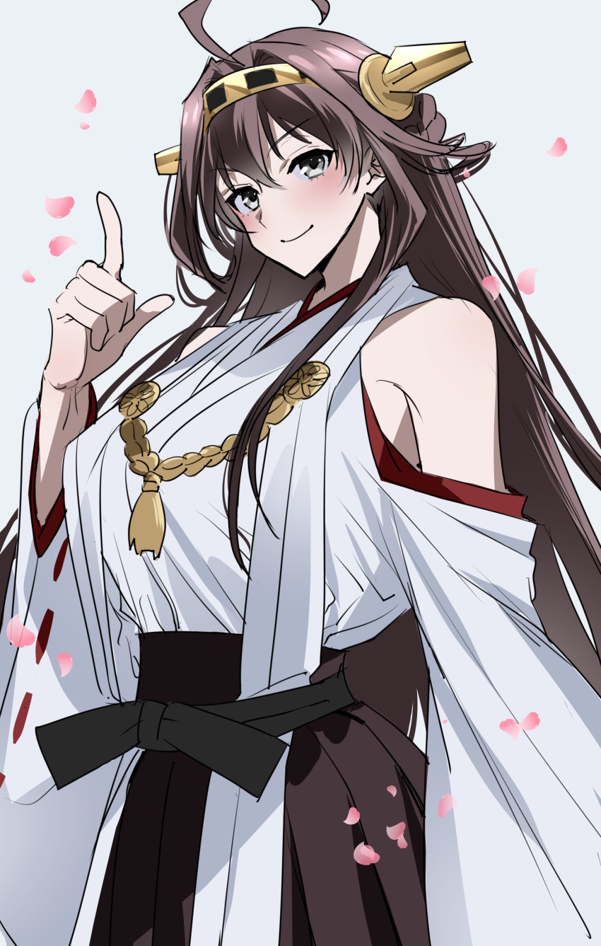 1girl, absurdres, ahoge, alternate_eye_color, bangs, braid, braided_bun, breasts, brown_hair, cherry_blossoms, closed_mouth, detached_sleeves, double_bun, falling_petals, grey_eyes, hair_between_eyes, hair_bun, hakama, hakama_skirt, hand_up, headgear, highres, ichimonme_(ichi), index_finger_raised, japanese_clothes, kantai_collection, kongou_(kancolle), kongou_kai_ni_(kancolle), large_breasts, long_bangs, long_hair, looking_at_viewer, nontraditional_miko, petals, pleated_skirt, ribbon-trimmed_sleeves, ribbon_trim, skirt, smile, solo, white_background, white_sleeves, wide_sleeves