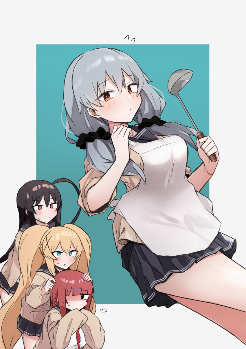 4girls, apron, bangs, black_hair, black_scrunchie, black_skirt, blonde_hair, blush, braid, breasts, brown_cardigan, brown_eyes, cardigan, green_eyes, grey_hair, hair_between_eyes, hair_ornament, hair_scrunchie, hairclip, highres, holding, holding_ladle, kitsuregawa_yuki, ladle, long_hair, long_sleeves, low_twintails, multiple_girls, red_eyes, redhead, sailor_collar, school_uniform, scrunchie, serafuku, shirai_(zako_sensei), shirt, side_ponytail, simple_background, skirt, sleeves_past_fingers, sleeves_past_wrists, twintails, very_long_hair, watarase_momoka, white_apron, white_shirt, x_hair_ornament, yuzukami_chika, zaako_zako_zako_zako_sensei, zeroyon_(yukkuri_remirya)