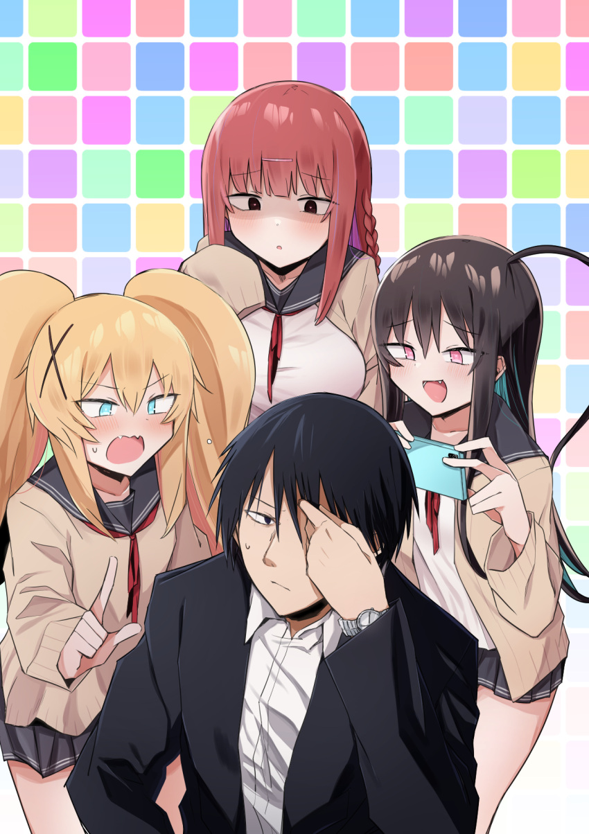1boy, 3girls, bangs, black_eyes, black_hair, black_skirt, blonde_hair, blush, braid, brown_cardigan, cardigan, cellphone, collarbone, dress_shirt, fang, formal, green_eyes, hair_between_eyes, hair_ornament, hairclip, heart, heart-shaped_pupils, highres, kirizaki_soichi, kitsuregawa_yuki, long_hair, long_sleeves, multiple_girls, open_mouth, phone, pink_eyes, red_eyes, redhead, sailor_collar, school_uniform, serafuku, shirt, side_ponytail, single_braid, skirt, sleeves_past_wrists, smartphone, smile, suit, symbol-shaped_pupils, twintails, very_long_hair, watarase_momoka, watch, watch, white_shirt, x_hair_ornament, yuzukami_chika, zaako_zako_zako_zako_sensei, zeroyon_(yukkuri_remirya)