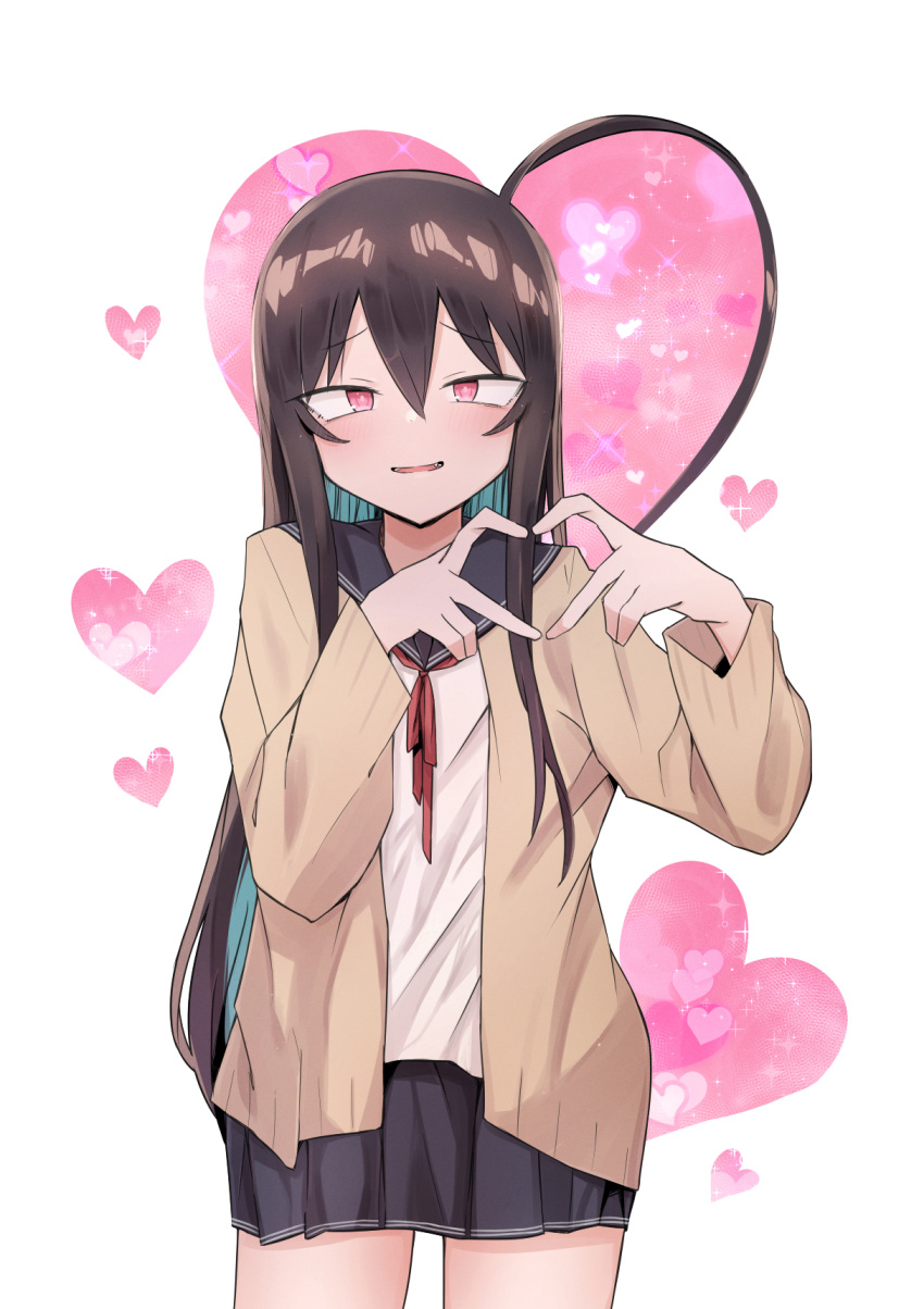 bangs, black_hair, black_skirt, blush, brown_cardigan, cardigan, fang, hair_between_eyes