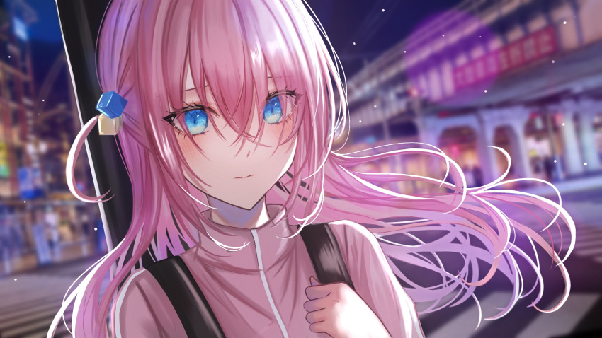 1girl, bangs, blue_eyes, blurry, blurry_background, bocchi_the_rock!, closed_mouth, cube_hair_ornament