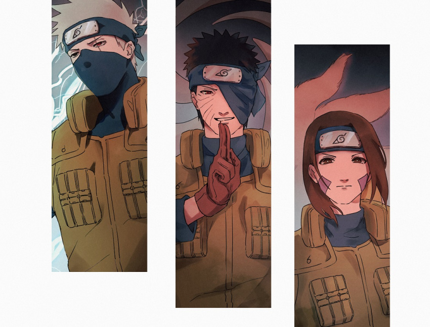 1girl, 2boys, aged_up, black_hair, blue_headband, brown_eyes, brown_gloves, brown_hair, brown_vest, closed_mouth, facial_mark, gloves, grey_hair, grin, hatake_kakashi, headband, mask, medium_hair, multiple_boys, naruto_(series), naruto_shippuuden, nohara_rin, one_eye_covered, red_eyes, sharingan, short_hair, smile, spiky_hair, uchiha_obito, utu310, vest