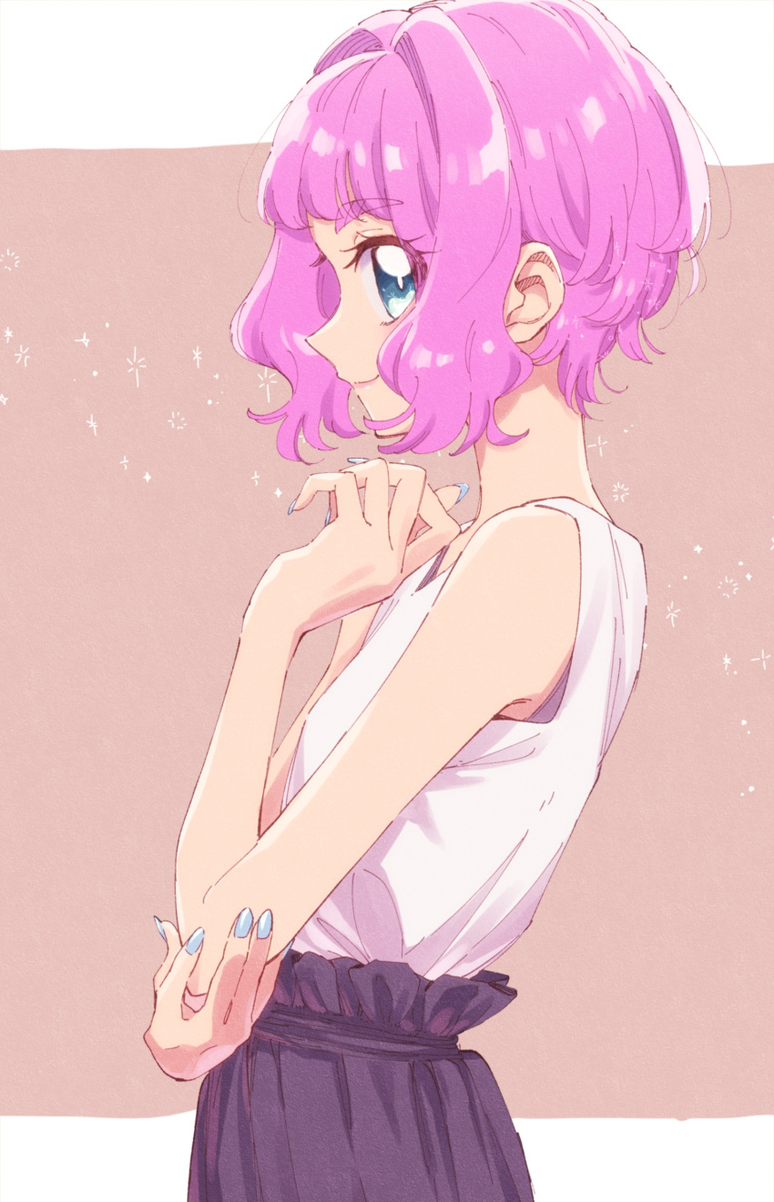 1girl, absurdres, alternate_hair_length, alternate_hairstyle, bare_arms, blue_eyes, blue_nails, brown_background