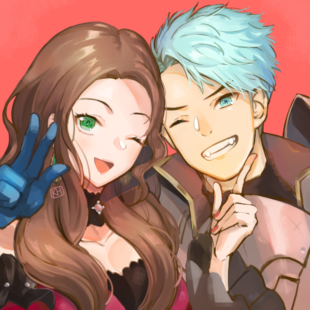 1boy, 1girl, ;d, armor, black_choker, blue_eyes, blue_gloves, blue_hair