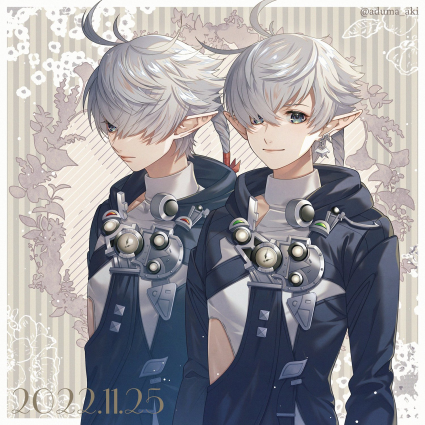 1boy, 1girl, adzuma_nishi, ahoge, alisaie_leveilleur, alphinaud_leveilleur, black_jacket, border, brother_and_sister, dated, earrings, elezen, elf, final_fantasy, final_fantasy_xiv, grey_eyes, grey_hair, hair_between_eyes, highres, jacket, jewelry, long_sleeves, looking_at_viewer, looking_to_the_side, pointy_ears, shirt, short_hair_with_long_locks, siblings, turtleneck, twins, twitter_username, upper_body, white_shirt