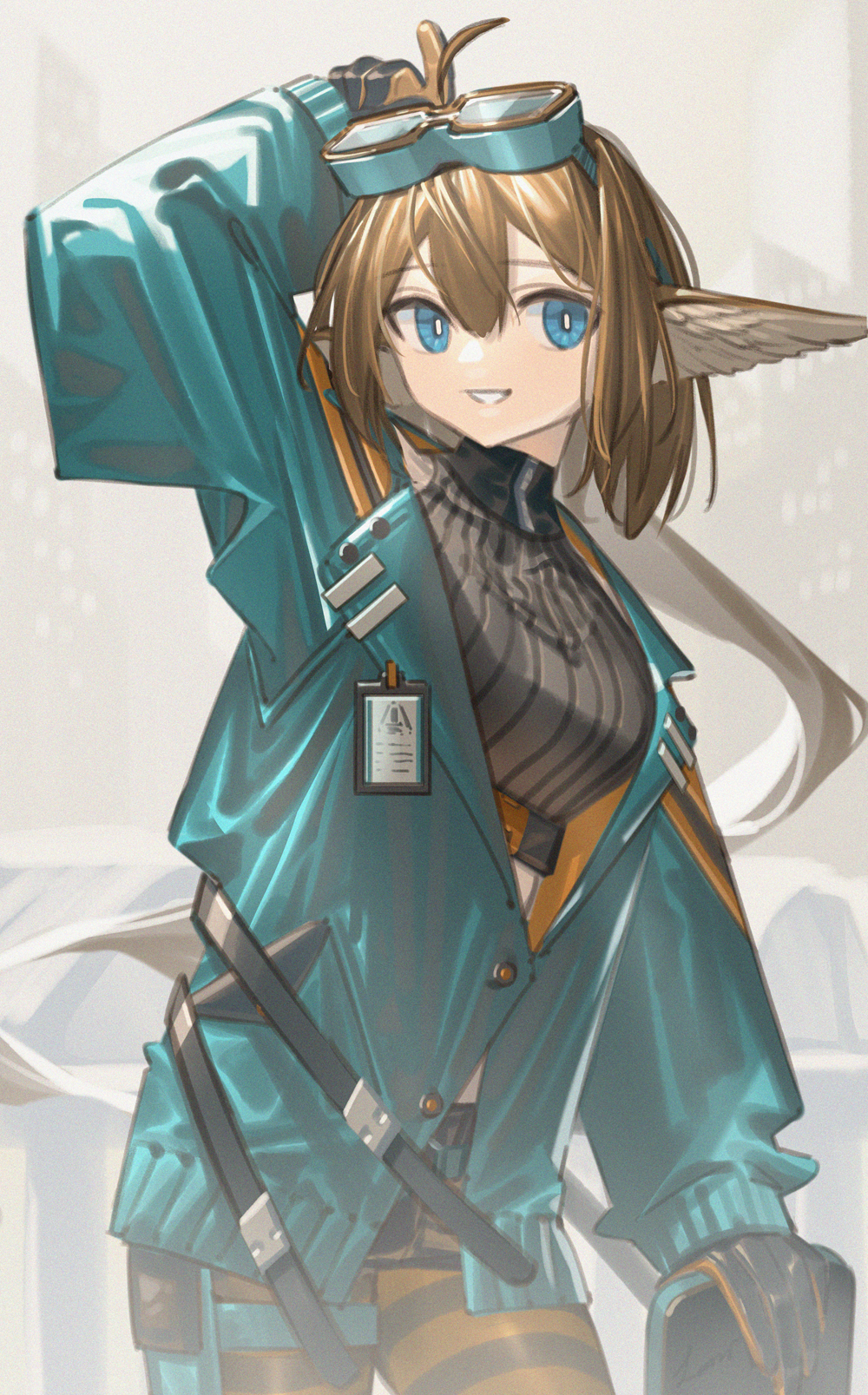 1girl, aciddrop_(afternoon_tea_time)_(arknights), aciddrop_(arknights), ahoge, arknights, black_gloves, blue_eyes, brown_hair