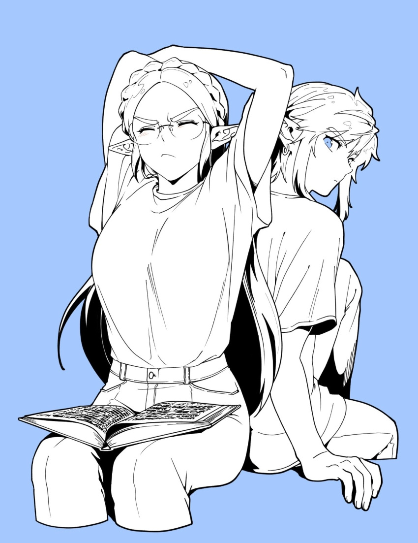 1boy, 1girl, arms_behind_head, bangs, blue_background, blue_eyes, book, book_on_lap, braid, breasts, closed_eyes, cowboy_shot, cropped_legs, earrings, furrowed_brow, glass, highres, jewelry, link, long_hair, looking_at_another, looking_back, medium_breasts, medium_hair, open_book, pants, parted_bangs, pointy_ears, princess_zelda, short_sleeves, sidelocks, sitting, stretching, the_legend_of_zelda, the_legend_of_zelda:_breath_of_the_wild, tnp