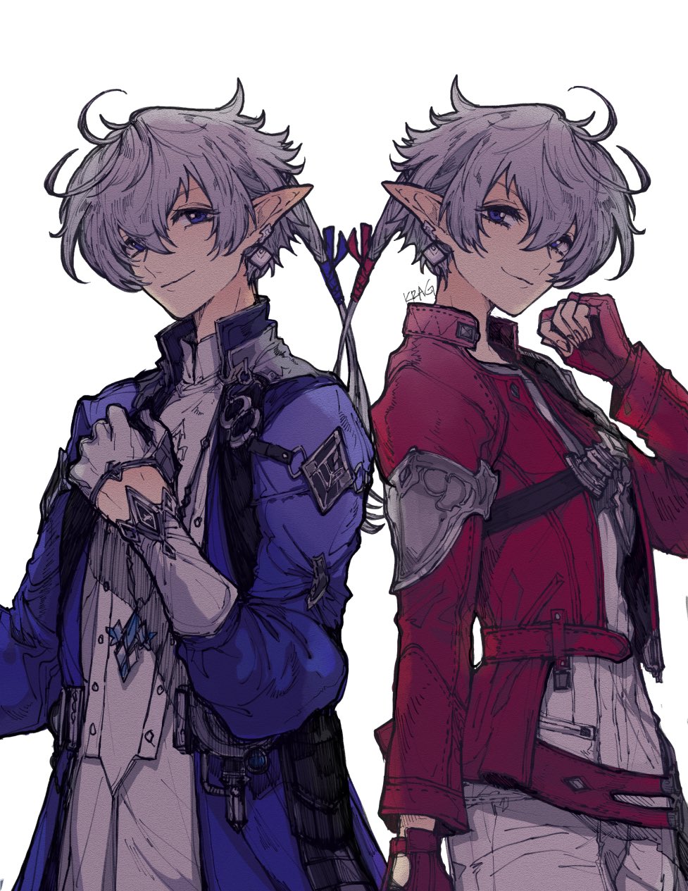 1boy, 1girl, alisaie_leveilleur, alphinaud_leveilleur, artist_name, blue_coat, blue_eyes, brother_and_sister, coat, cowboy_shot, earrings, elezen, elf, final_fantasy, final_fantasy_xiv, fingerless_gloves, gloves, grey_hair, hair_between_eyes, highres, jacket, jewelry, long_coat, long_sleeves, looking_at_viewer, pants, pendant, pointy_ears, red_gloves, red_jacket, shirt, short_hair_with_long_locks, siblings, smile, standing, twins, white_background, white_gloves, white_pants, white_shirt, yum0811
