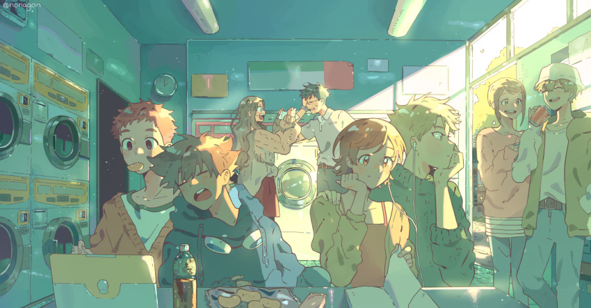 3girls, 5boys, bangs, belt, black_hair, blonde_hair, bottle, brown_hair, clock, digimon, digimon_adventure, earphones, fingernails, glasses, goggles, hair_between_eyes, hat, highres, hood, hoodie, indoors, ishida_yamato, kido_jou, laundry, multiple_boys, multiple_girls, nonag0n, open_mouth, pants, sleeping, sleeping_on_person, sunlight, sweater, takaishi_takeru, takenouchi_sora, teeth, upper_teeth, watch, yagami_hikari, yagami_taichi